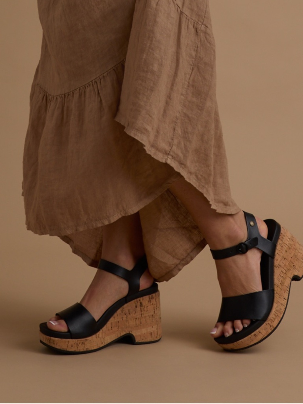 Reef Black Cork Platform Wedge Sandals